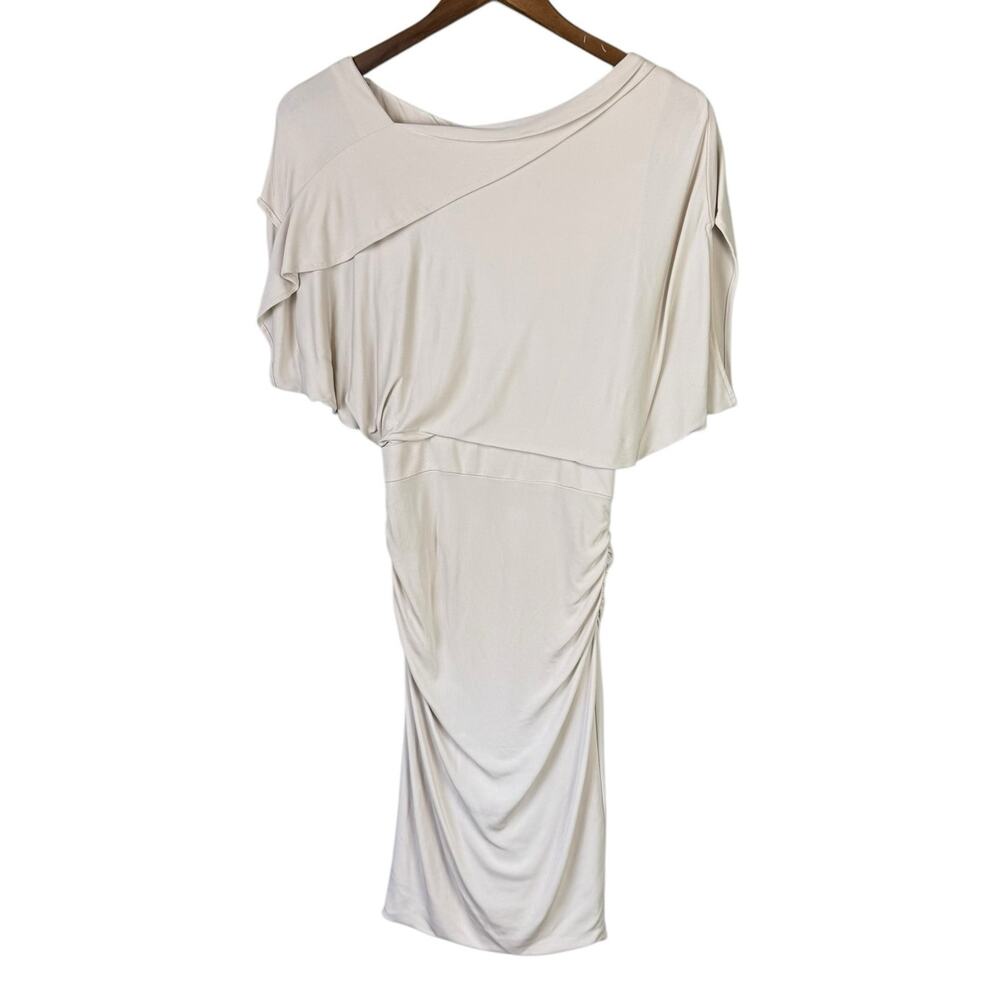 Karen Millen Cream Stretch Mesh Cinched Asymmetrical Wide Sleeve Neutral Dress